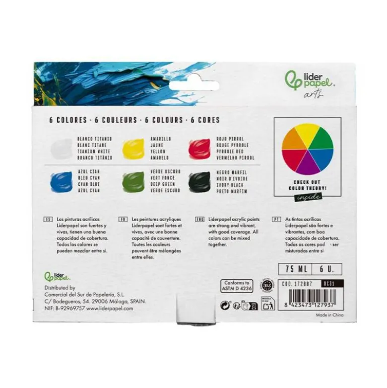 PINTURA ACRILICA LIDERPAPEL CAJA DE 6 TUBOS DE PLASTICO DE 75 ML COLORES BASICOS