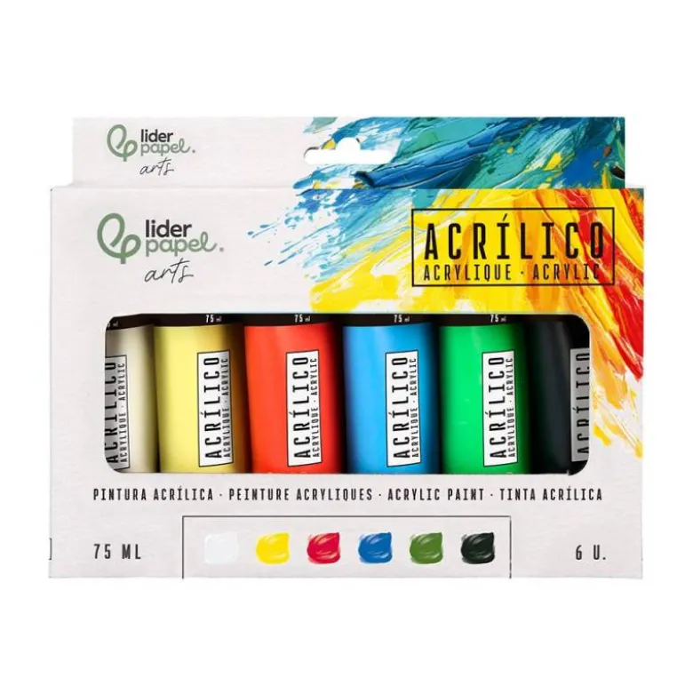 PINTURA ACRILICA LIDERPAPEL CAJA DE 6 TUBOS DE PLASTICO DE 75 ML COLORES BASICOS