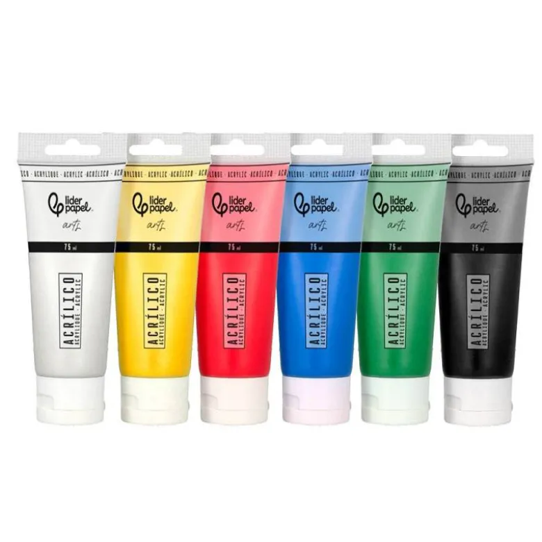 PINTURA ACRILICA LIDERPAPEL CAJA DE 6 TUBOS DE PLASTICO DE 75 ML COLORES BASICOS
