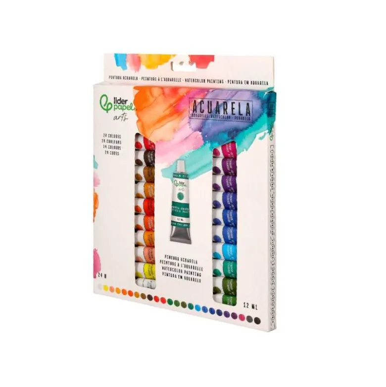 PINTURA DE ACUARELA LIDERPAPEL CAJA DE 24 TUBOS DE ALUMINIO DE 12 ML COLORES SURTIDOS