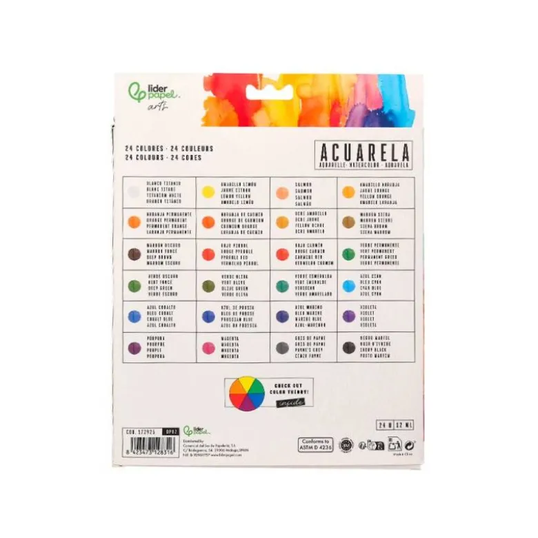 PINTURA DE ACUARELA LIDERPAPEL CAJA DE 24 TUBOS DE ALUMINIO DE 12 ML COLORES SURTIDOS