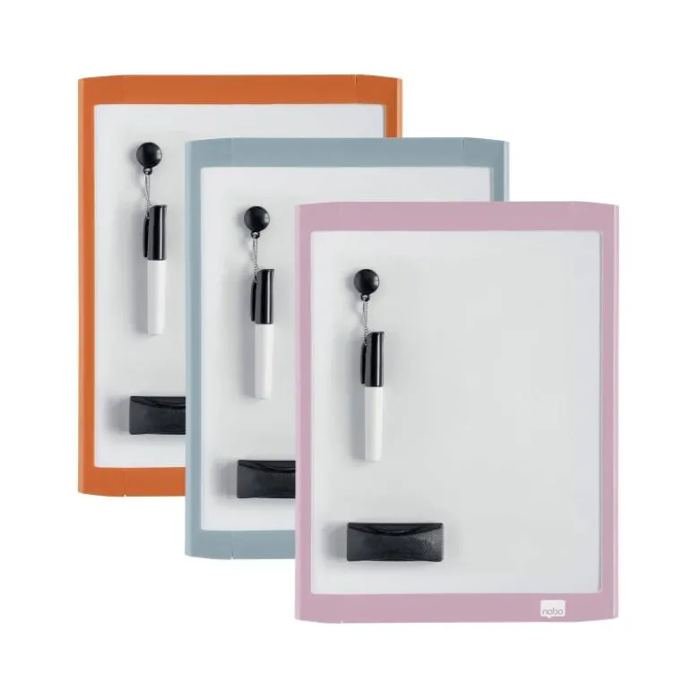 PIZARRA BLANCA NOBO MAGNETICA CON BORRADOR IMAN Y ROTULADOR MARCO COLORES PASTEL SURTIDOS 216X280 MM