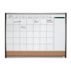 PLANIFICADOR MENSUAL NOBO MAGNETICO + TABLERO CORCHO HORIZONTAL CON MARCO ARQUEADO PLATA Y NEGRO 585X430 MM