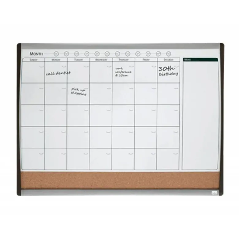PLANIFICADOR MENSUAL NOBO MAGNETICO + TABLERO CORCHO HORIZONTAL CON MARCO ARQUEADO PLATA Y NEGRO 585X430 MM