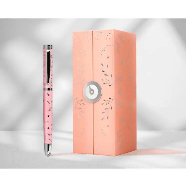 PLUMA BELIUS BELLA ALUMINIO COLOR ROSA DISEÑO PLATEADO RELIEVE TINTA AZUL CAJA DE DISEÑO