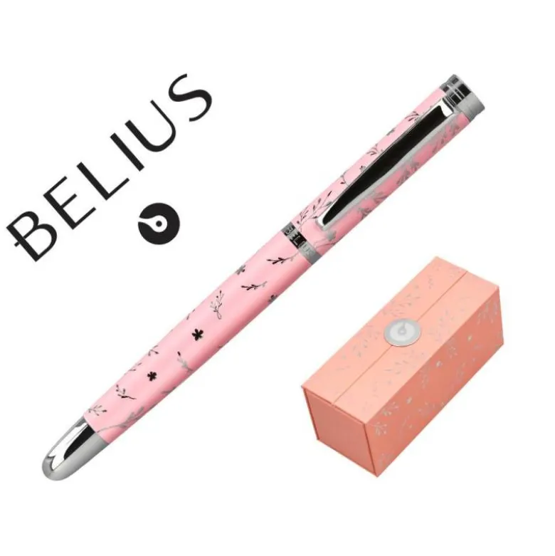 PLUMA BELIUS BELLA ALUMINIO COLOR ROSA DISEÑO PLATEADO RELIEVE TINTA AZUL CAJA DE DISEÑO