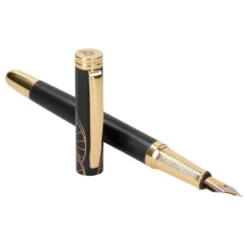 PLUMA BELIUS SOIREE ALUMINIO COLOR ART DECO NEGRO Y DORADO TINTA AZUL CAJA DE DISEÑO