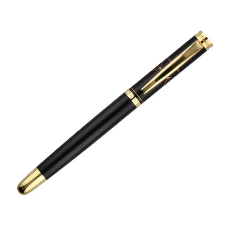 PLUMA BELIUS SOIREE ALUMINIO COLOR ART DECO NEGRO Y DORADO TINTA AZUL CAJA DE DISEÑO