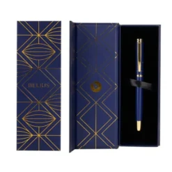 PLUMA BELIUS SOIREE ALUMINIO COLOR ART DECO AZUL MARINO Y DORADO TINTA AZUL CAJA DE DISEÑO