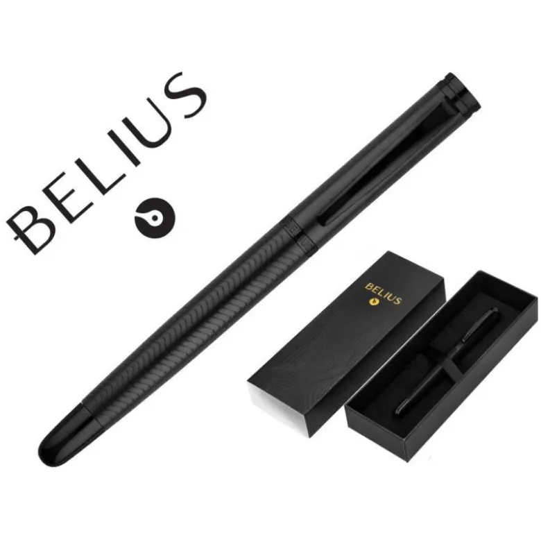 PLUMA MARCA BELIUS NEPTUNO ALUMINIO TEXTURA WAVY COLOR AZUL MARINO TINTA AZUL CAJA DE DISEÑO