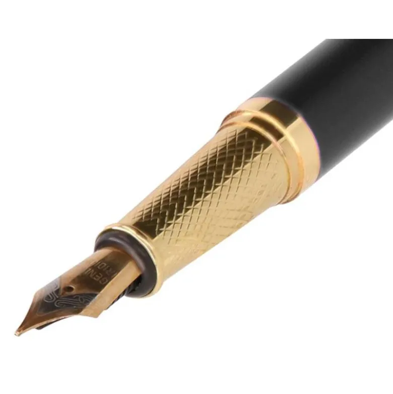 PLUMA Y ESTUCHE BELIUS SOIREE COLOR ART DECO NEGRO Y DORADO TINTA AZUL CAJA DE DISEÑO