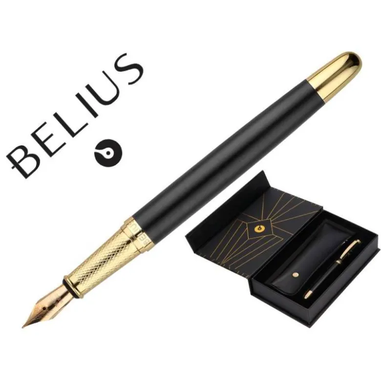 PLUMA Y ESTUCHE BELIUS SOIREE COLOR ART DECO NEGRO Y DORADO TINTA AZUL CAJA DE DISEÑO