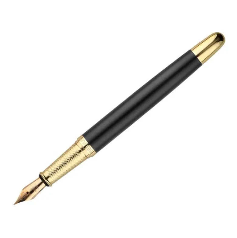 PLUMA Y ESTUCHE BELIUS SOIREE COLOR ART DECO NEGRO Y DORADO TINTA AZUL CAJA DE DISEÑO