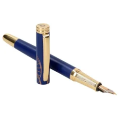 PLUMA Y ESTUCHE BELIUS SOIREE COLOR ART DECO AZUL MARINO Y DORADO TINTA AZUL CAJA DE DISEÑO