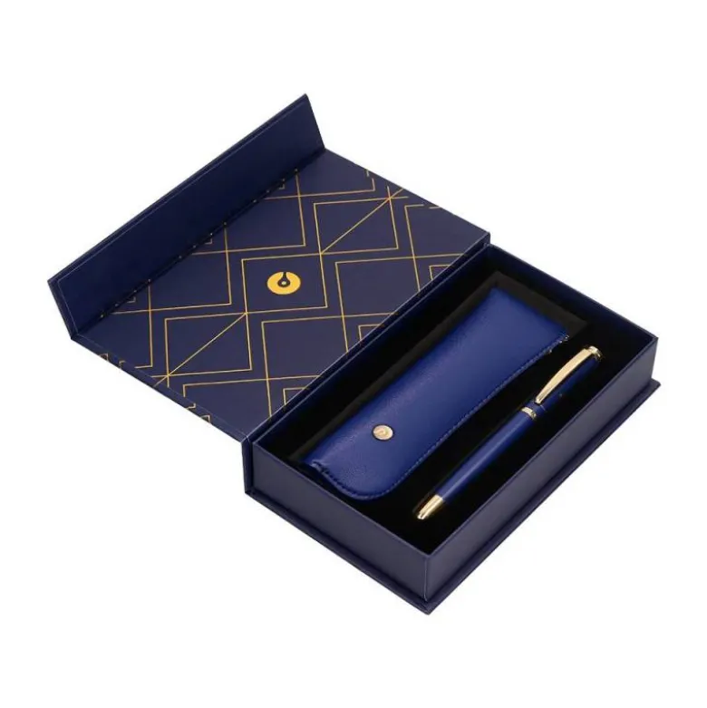 PLUMA Y ESTUCHE BELIUS SOIREE COLOR ART DECO AZUL MARINO Y DORADO TINTA AZUL CAJA DE DISEÑO