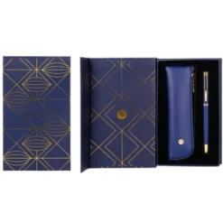 PLUMA Y ESTUCHE BELIUS SOIREE COLOR ART DECO AZUL MARINO Y DORADO TINTA AZUL CAJA DE DISEÑO