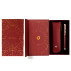 PLUMA Y ESTUCHE BELIUS SOIREE COLOR ART DECO GRANATE Y DORADO TINTA AZUL CAJA DE DISEÑO
