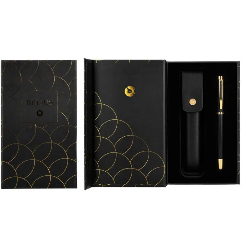 PLUMA Y ESTUCHE CUERO BELIUS PASSION DOR ALUMINIO TEXTURA CEPILLADA COLOR NEGRO Y DORADO TINTA AZUL CAJA DISEÑO
