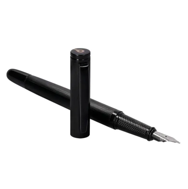 PLUMA Y FRASCO DE TINTA BELIUS ORIGEN 1995 ALUMINIO TEXTURA CEPILLADA COLOR NEGRO TINTA NEGRA CAJA DISEÑO