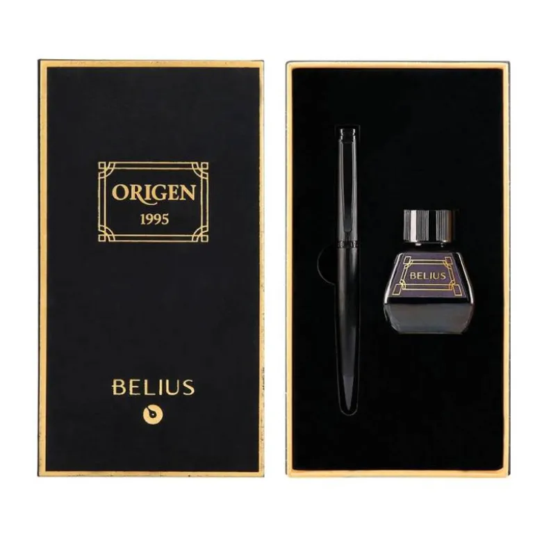 PLUMA Y FRASCO DE TINTA BELIUS ORIGEN 1995 ALUMINIO TEXTURA CEPILLADA COLOR NEGRO TINTA NEGRA CAJA DISEÑO