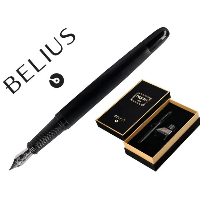 PLUMA Y FRASCO DE TINTA BELIUS ORIGEN 1995 ALUMINIO TEXTURA CEPILLADA COLOR NEGRO TINTA NEGRA CAJA DISEÑO