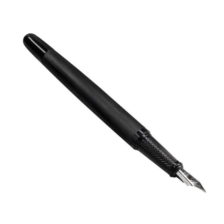 PLUMA Y FRASCO DE TINTA BELIUS ORIGEN 1995 ALUMINIO TEXTURA CEPILLADA COLOR NEGRO TINTA NEGRA CAJA DISEÑO