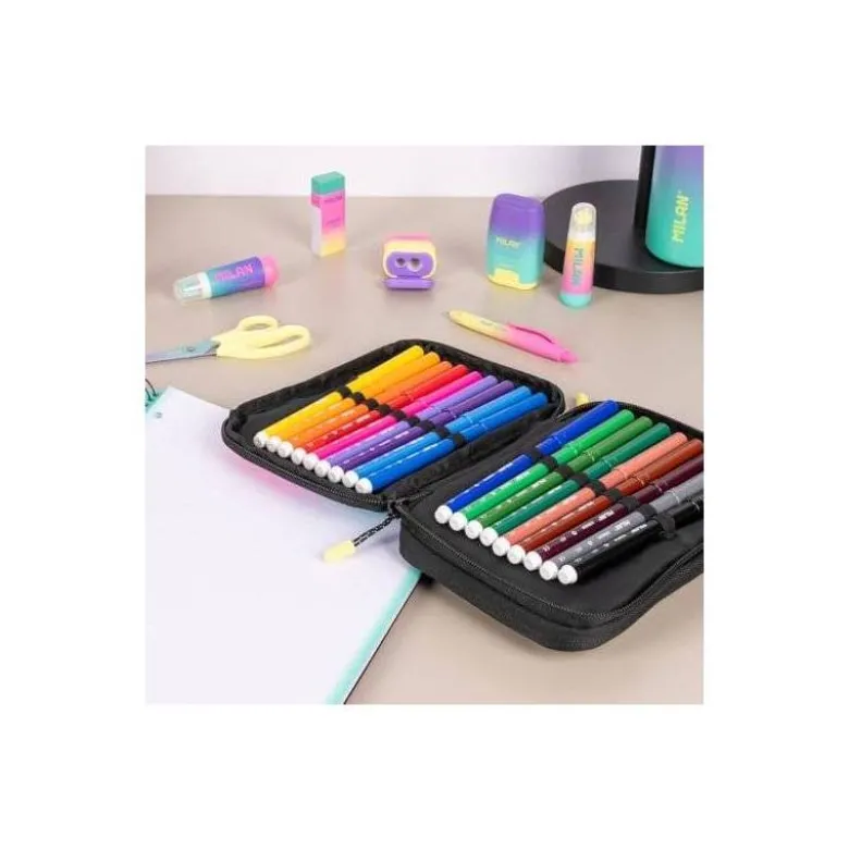 PLUMIER ESCOLAR MILAN COLECCION SUNSET DOBLE CREMALLERA CON ACCESORIOS COLOR NEGRO 198X143X40 MM