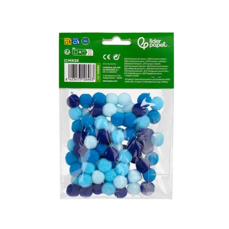POMPONES DE COLORES LIDERPAPEL 1,5 CM TONALIDADES AZULES BOLSA CON 80 UNIDADES