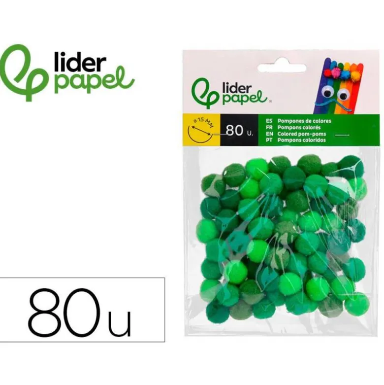POMPONES DE COLORES LIDERPAPEL 1,5 CM TONALIDADES VERDES BOLSA CON 80 UNIDADES