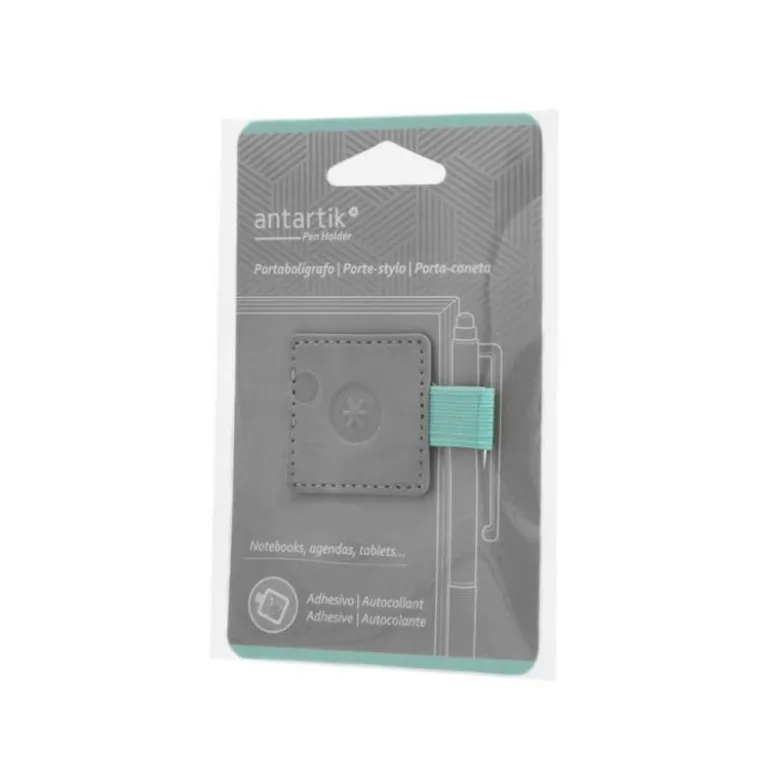 PORTABOLIGRAFO AUTOADHESIVO ANTARTIK PARA CUADERNO NOTE CON ELASTICO HASTA 15 MM GROSOR 80 MM GRIS Y TURQUESA