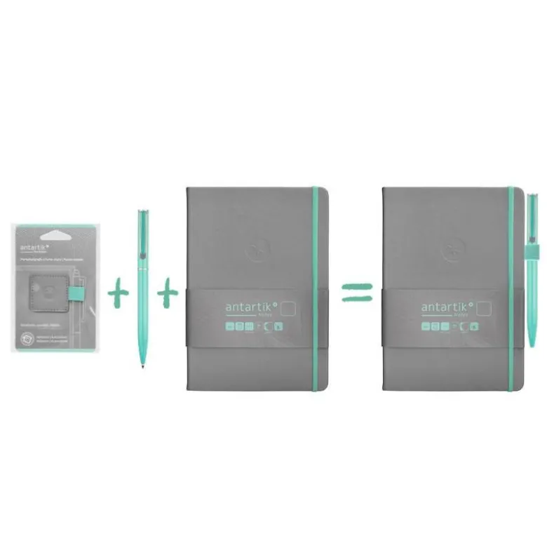 PORTABOLIGRAFO AUTOADHESIVO ANTARTIK PARA CUADERNO NOTE CON ELASTICO HASTA 15 MM GROSOR 80 MM GRIS Y TURQUESA