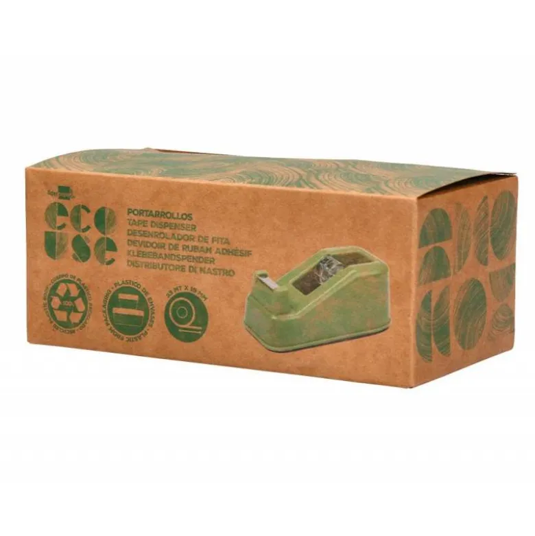 PORTARROLLO SOBREMESA LIDERPAPEL ECOUSE 100% PLASTICO RECICLADO PARA CINTA DE 33 MT COLOR VERDE