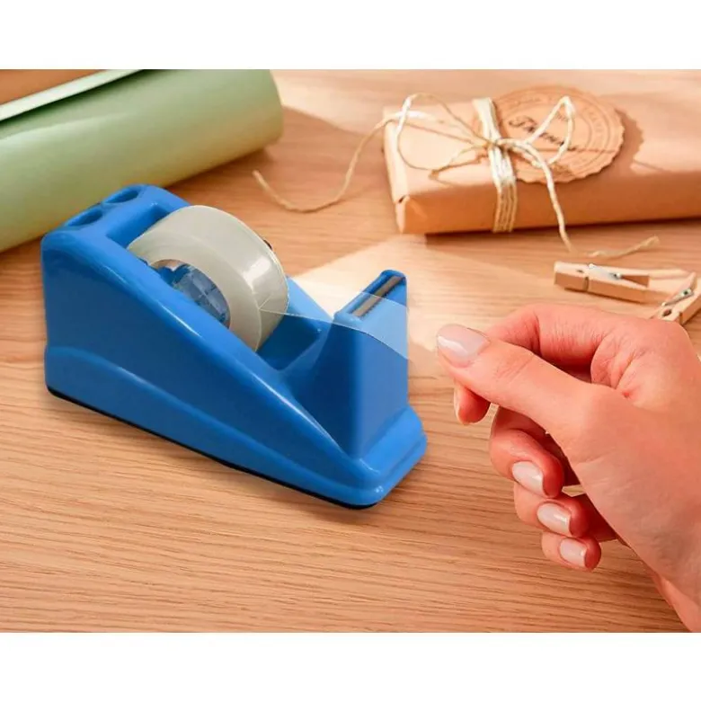 PORTARROLLO SOBREMESA Q-CONNECT PLASTICO PARA CINTA DE 33 MT COLOR AZUL 135X58X60 MM