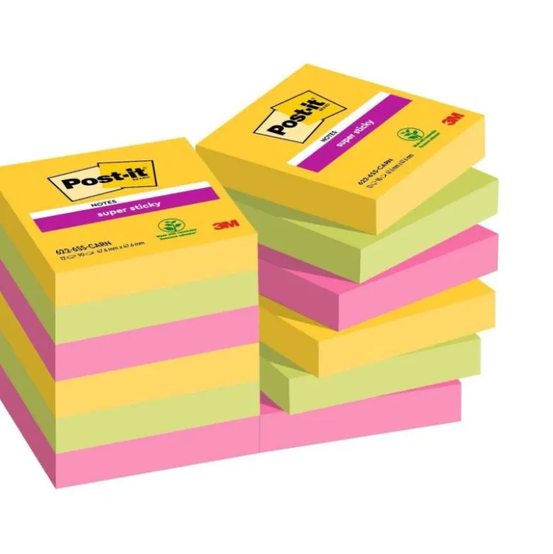 Post-it ® Bloc de notas adhesivas super sticky varios colores 47,6 x 47,6 mm 90 hojas pack 12 blocs