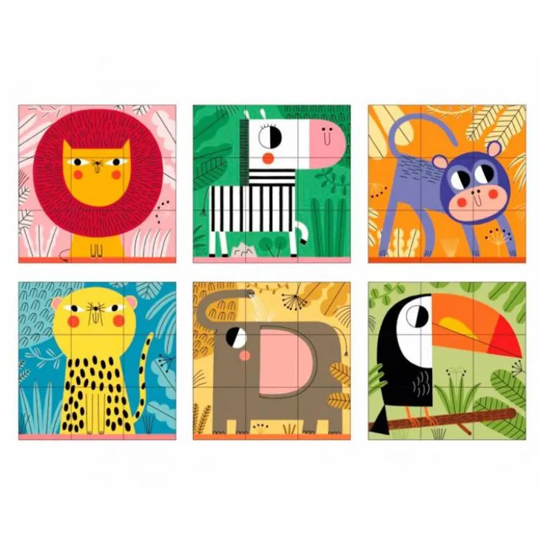 PUZLE GOULA CUBOS DE CARTON ANIMALES SELVA 6 ESCENAS DIFERENTES 9 PIEZAS +2 AÑOS