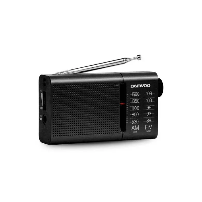 RADIO PORTATIL DAEWOO AM/FM ANTENA TELESCOPICA AURICULARES INCLUIDOS JACK 3.5 MM COLOR NEGRO