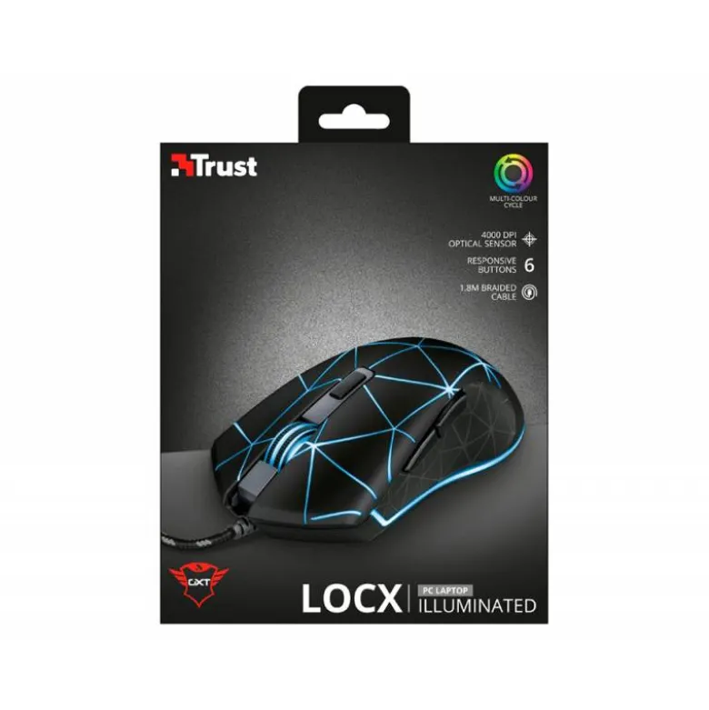 RATON TRUST GXT133 LOCX GAMING OPTICO LUCES LED 800-4000 PPP 6 BOTONES USB 2.0 CABLE 1,80 M COLOR NEGRO