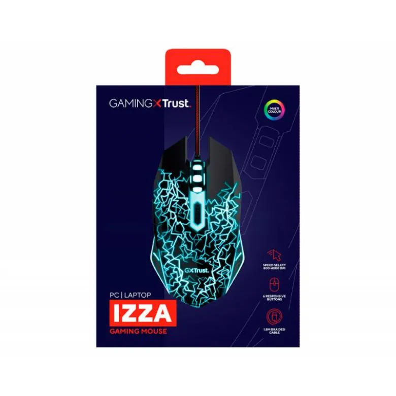 RATON TRUST GXT105X IZZA GAMING OPTICO LUCES LED 800-4000 PPP 6 BOTONES USB 2.0 CABLE 1,80 M COLOR NEGRO