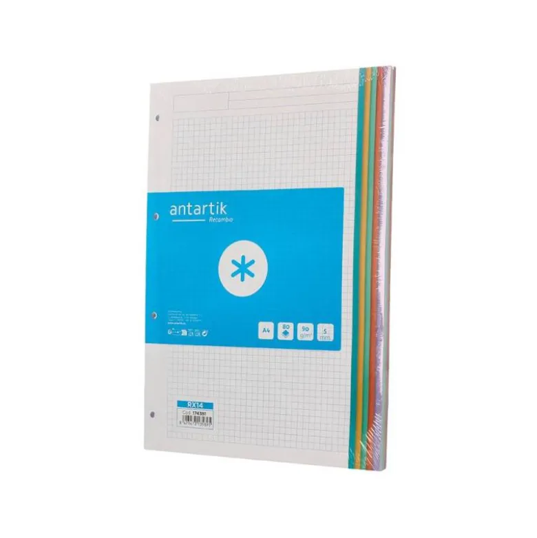 RECAMBIO A4 ANTARTIK 80 HOJAS 90G/M2 CUADRO 5 MM 4 TALADROS BANDAS DE 5 COLORES PASTELES