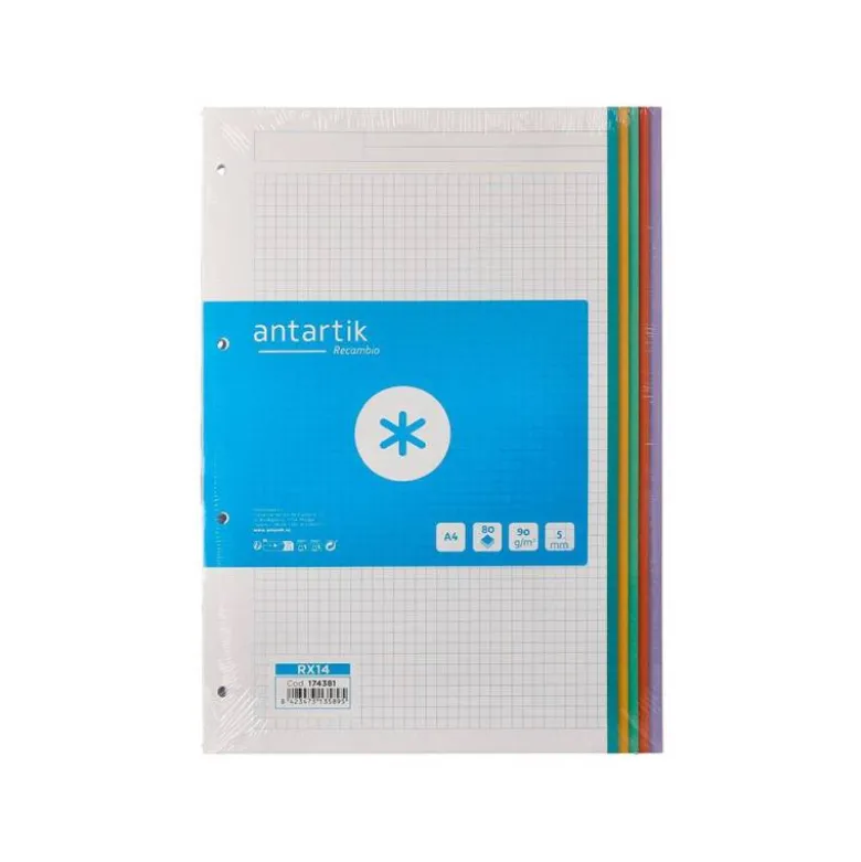RECAMBIO A4 ANTARTIK 80 HOJAS 90G/M2 CUADRO 5 MM 4 TALADROS BANDAS DE 5 COLORES PASTELES