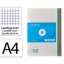 RECAMBIO A4 ANTARTIK 80 HOJAS 90G/M2 CUADRO 5 MM 4 TALADROS BANDAS DE 5 COLORES PASTELES
