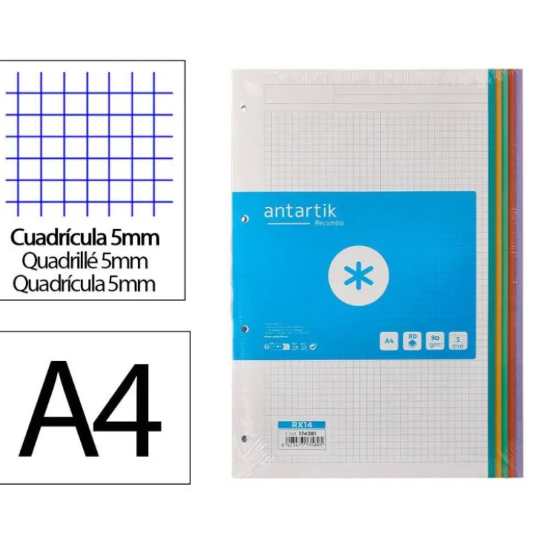 RECAMBIO A4 ANTARTIK 80 HOJAS 90G/M2 CUADRO 5 MM 4 TALADROS BANDAS DE 5 COLORES PASTELES