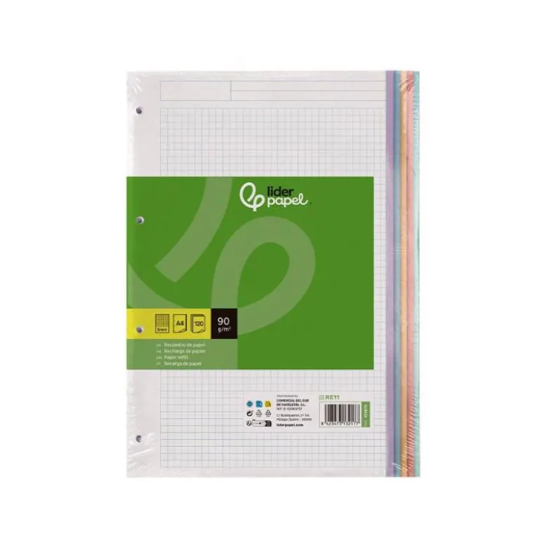RECAMBIO A4 LIDERPAPEL 120 HOJAS 90G/M2 CUADRO 5 MM 4 TALADROS BANDAS DE 5 COLORES PASTELES