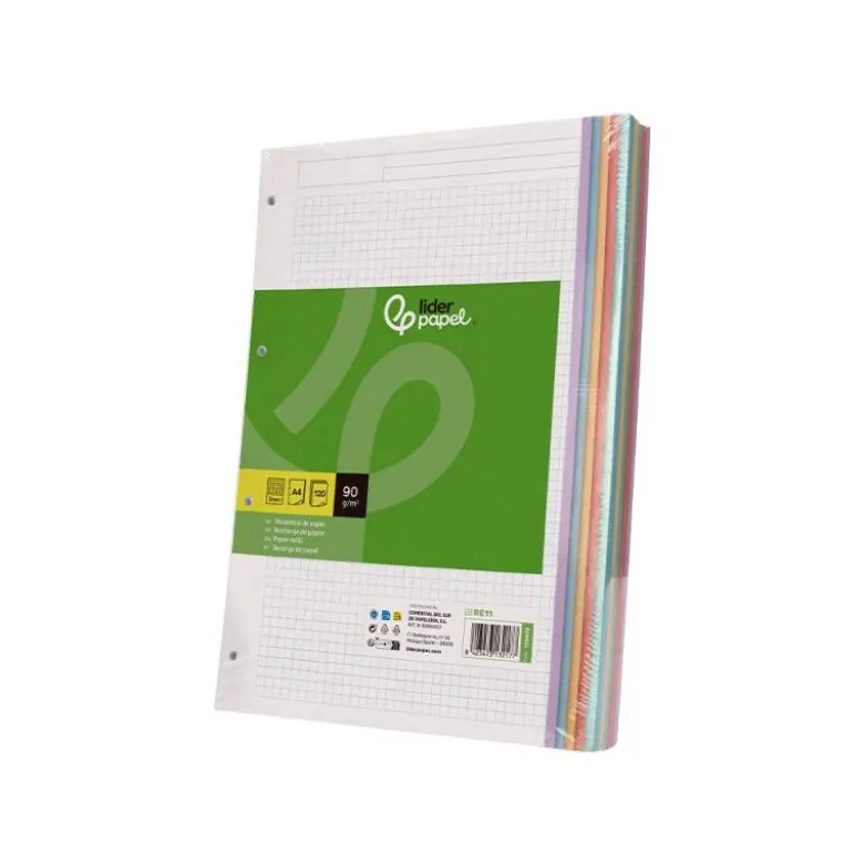 RECAMBIO A4 LIDERPAPEL 120 HOJAS 90G/M2 CUADRO 5 MM 4 TALADROS BANDAS DE 5 COLORES PASTELES