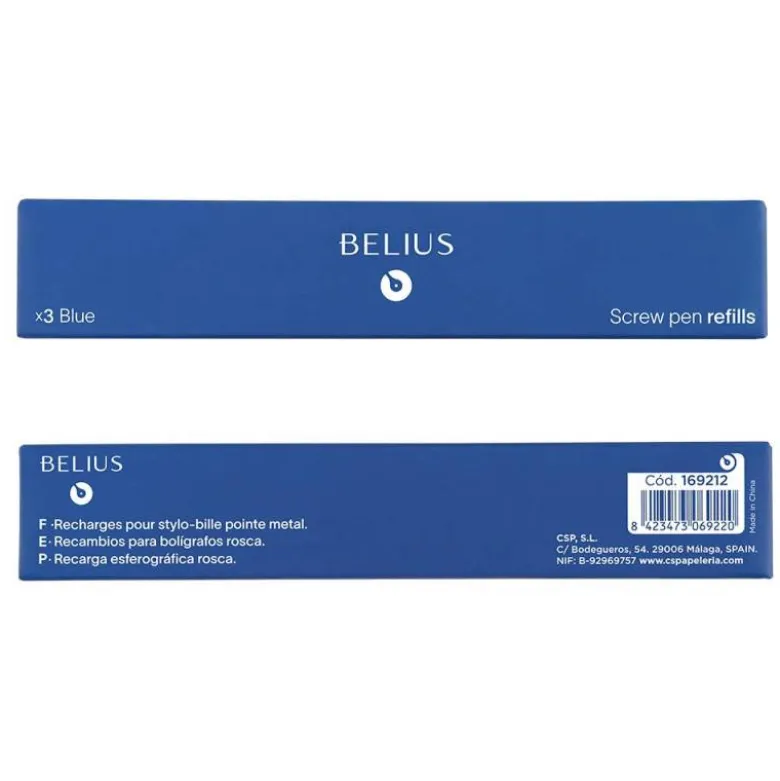 RECAMBIO BOLIGRAFO BELIUS CON ROSCA AZUL CAJA 3 UNIDADES