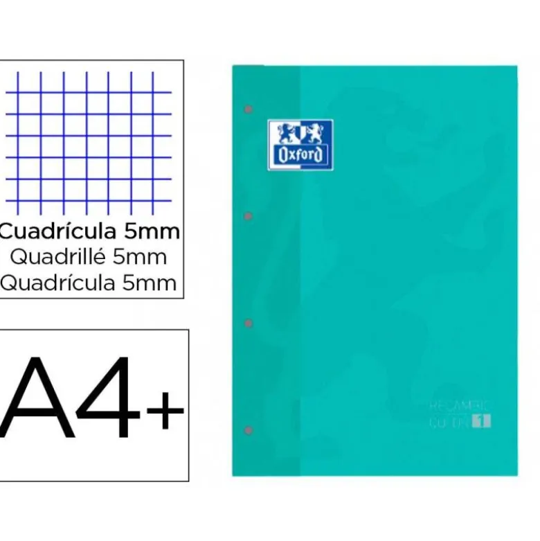 Recambio color 1 oxford din a4+ 80 hojas 90 gr cuadro 5 mm 4 taladros ice mint.