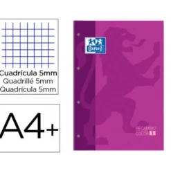 Recambio color 1 oxford din a4+ 80 hojas 90 gr cuadro 5 mm 4 taladros morado.