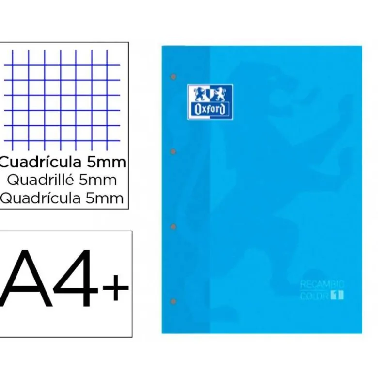 Recambio color 1 oxford din a4+ 80 hojas 90 gr cuadro 5 mm 4 taladros turquesa.