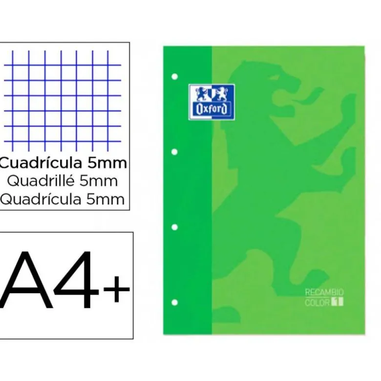 Recambio color 1 oxford din a4+ 80 hojas 90 gr cuadro 5 mm 4 taladros verde manzana.