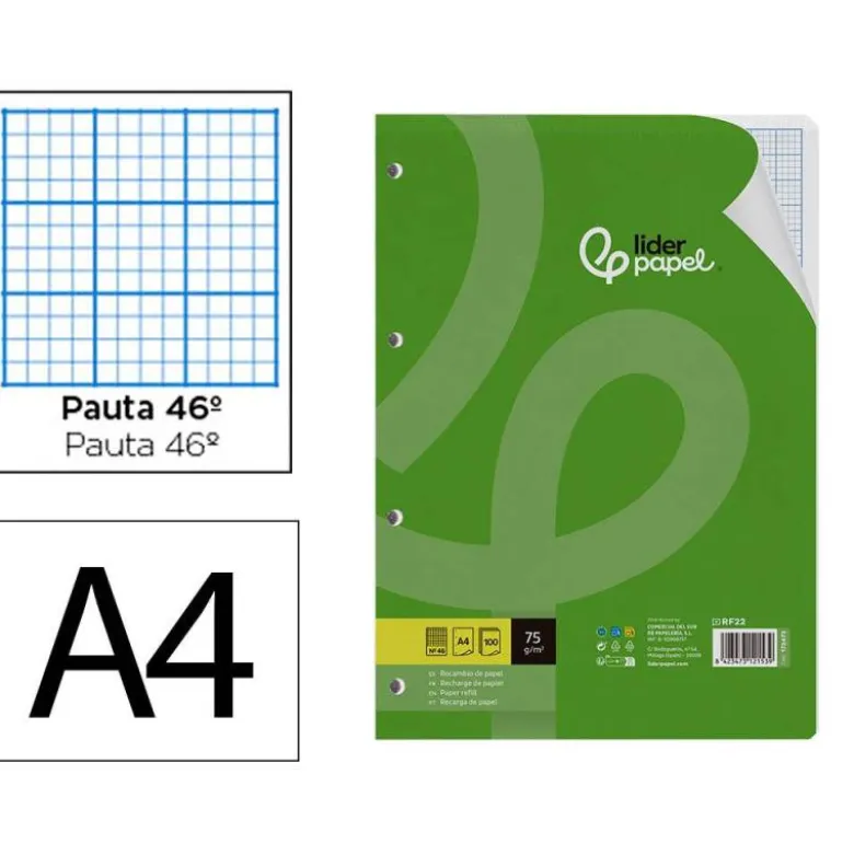 RECAMBIO LIDERPAPEL A4 100 HOJAS 75GR RAYADO Nº46 4 TALADROS